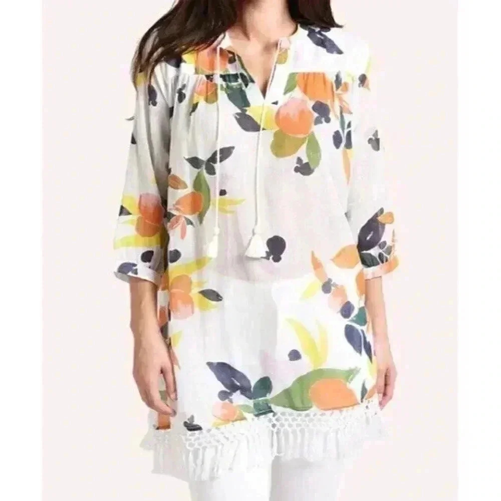 Roller Rabbit Tunic Top Serafina Fruit Print Cotton Gauze Fringe XL Swim Resort